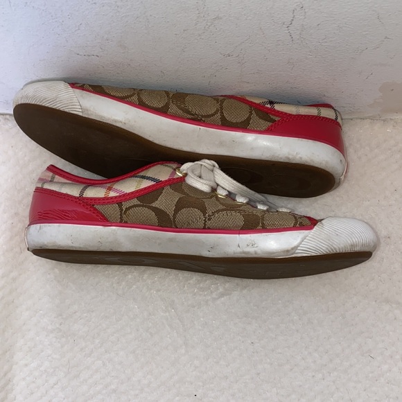 Rare Coach Zorra Brown & Hot Pink Plaid Signature Print Lace Up Sneakers 6.5 B - Picture 4 of 8